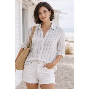 Sigrid Olsen 100% Linen Striped Button Down Shirt Women’s Size Large Coastal NWT